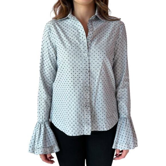 Derek Lam 10 Crosby Polka Dot Blouse Ruffle Sz 0 XS Blue Designer Button Up Top - Picture 1 of 10